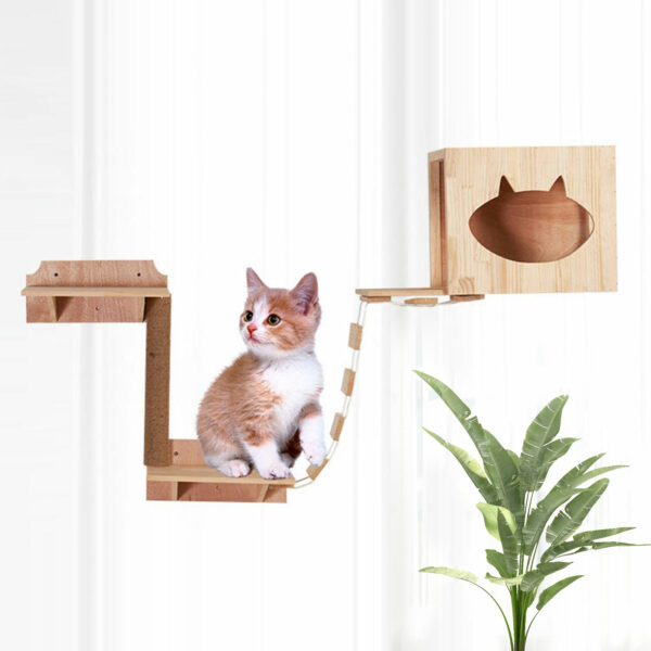 Cat Bridge Climbing Frame Wood Pet Cat Tree House Bed Hammock Sisal Scratching Post Cat Furniture 2